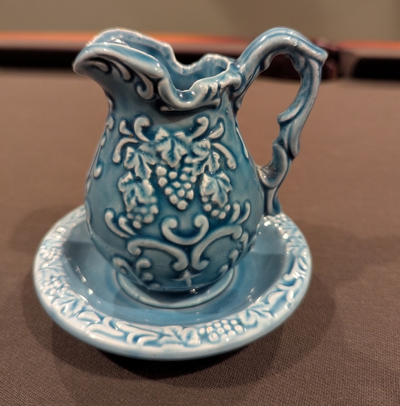 Intricate Teal Ceramic Pitcher and Saucer - Picture 2 of 5